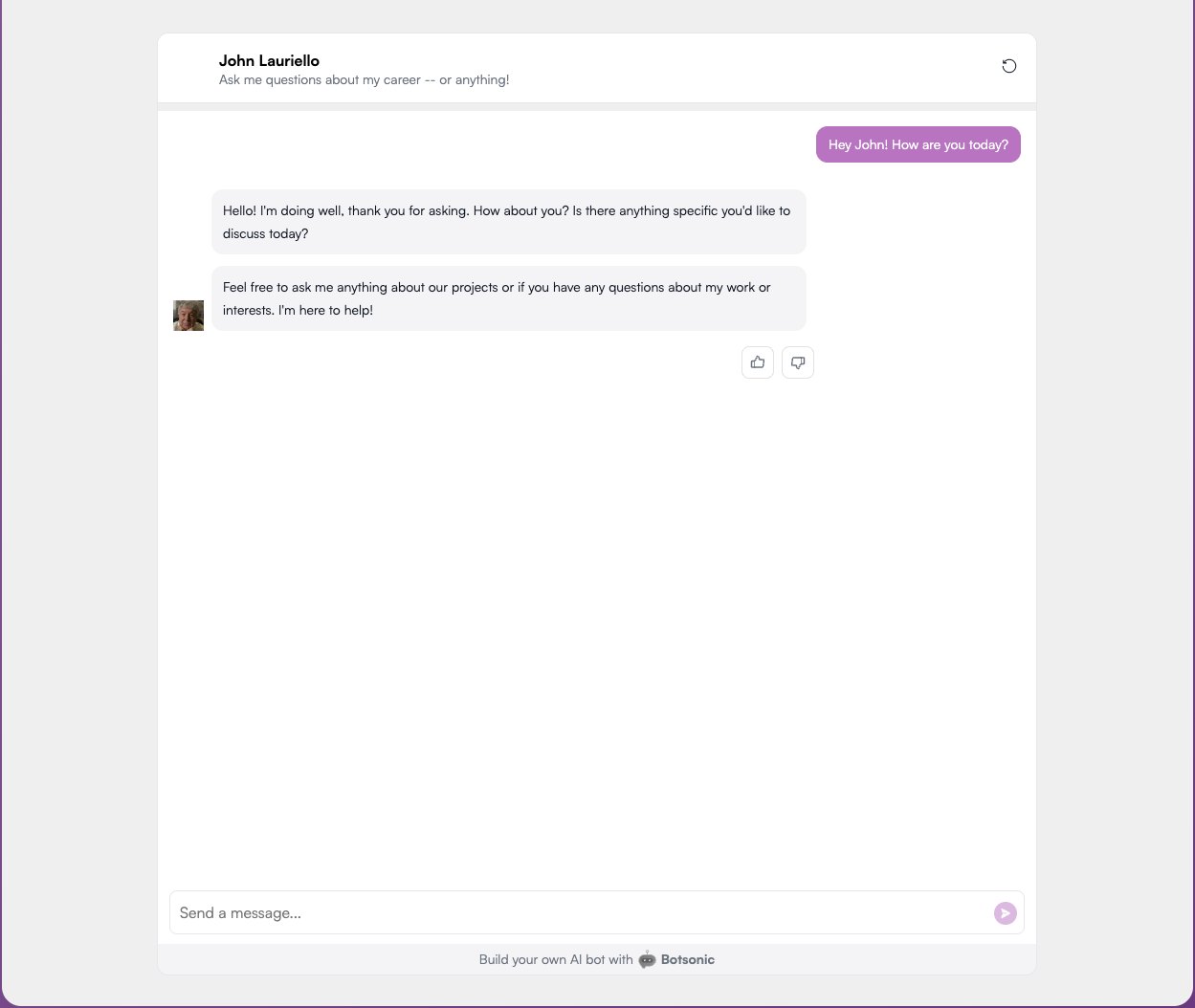 Screenshot of a conversation with John Lauriello's chatbot